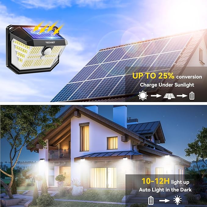 TECKNET 231 LED Solar Motion Lights Outdoor Waterproof, 6 Pack 300° Angle & 3 Lighting Modes PIR Motion Sensor Security Solar Wall Lights IP65 for Fence Front Door Yard Deck Garden Garage
