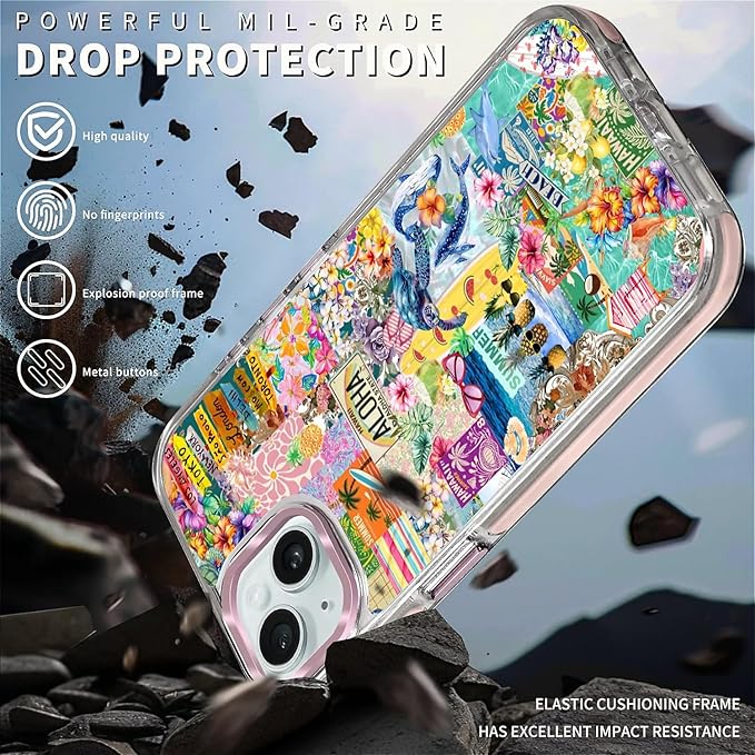 Case for iPhone 14 Plus/15 Plus,[Compatible with MagSafe],Hawaii Aloha Cover Coastal Beach Collage Phone Case Design，for Women Girls Magnetic Clear Cover - Slim, Sleek, & Shockproof Protection