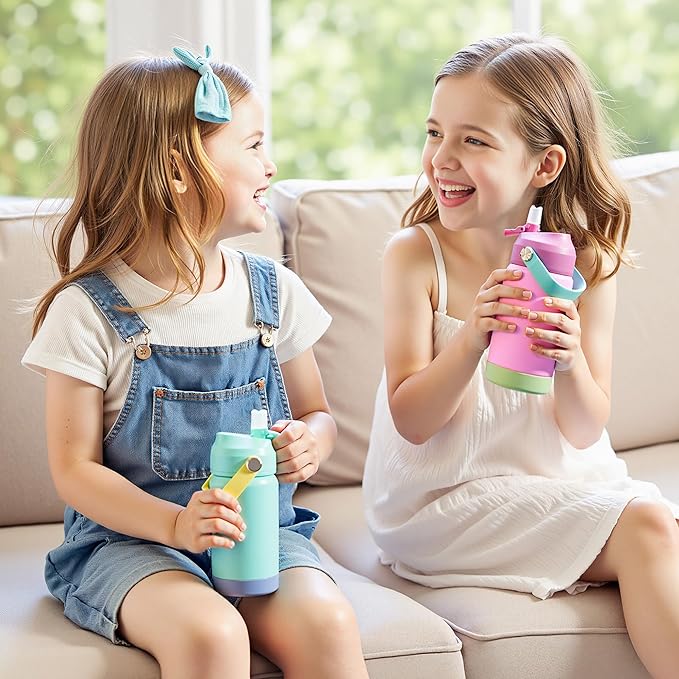 Kerilyn 12oz Kids Water Bottle 2 Pack, Stainless Steel Insulated Water Bottle Bulk, Toddler Cups with Straws Leak-Proof, Kids Water Bottles for School Boys Girls, BPA Free, 2 Piece Set Melon Couple