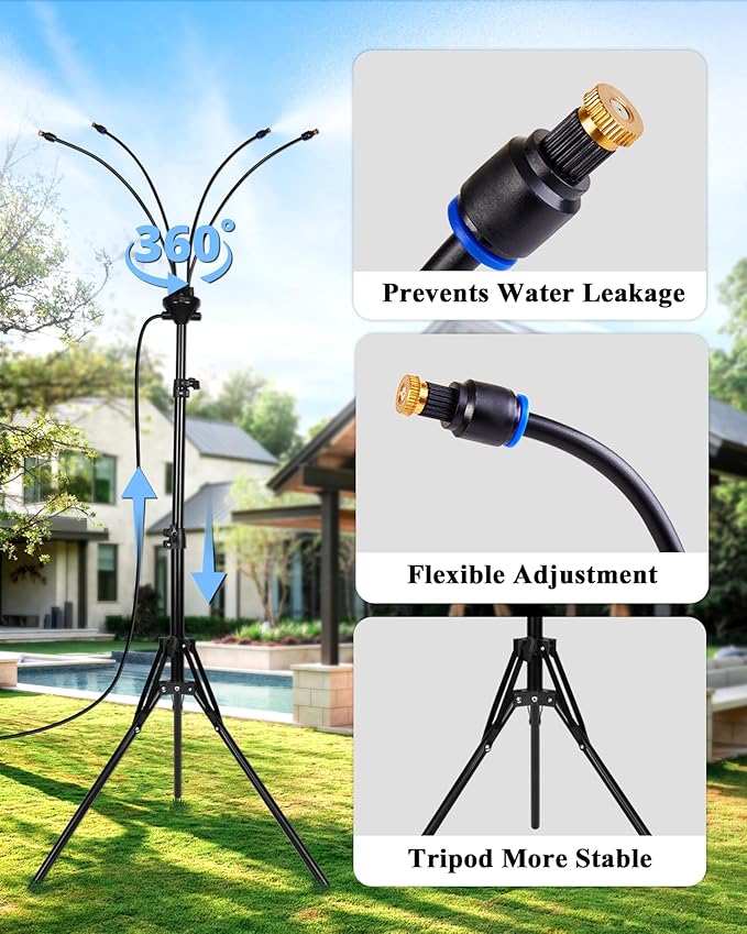 Rafow Standing Misters for Outside Patio - Adjustable Height 3.6-5.2FT Misting System Line 26.5FT Portable Water Misters for Cooling Outdoor with Tripod Base Stand Mister for Backyard Pool BBQ Party