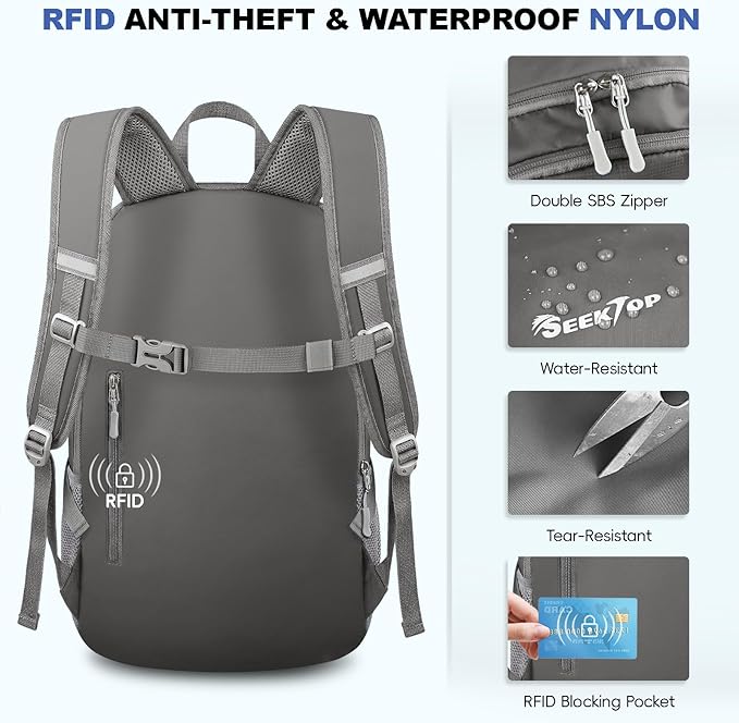 Seektop Lightweight Packable Hiking Backpack Waterproof Expandable 20L-28L for Women Men, RFID Day Pack for Travel & Camping