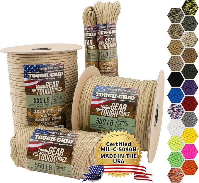 TOUGH-GRID 550 Paracord, Type III Mil-Spec Nylon Rope - 200 Ft Buckskin Tactical Survival Cord