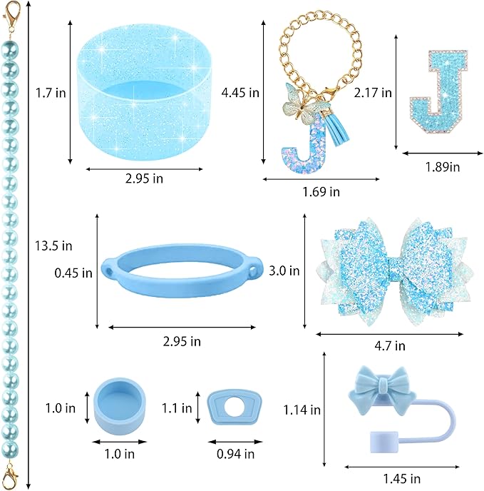 9PCS Blue for Stanley Cup Accessories Set Bling Initials Bow Charms for Stanley Decorations 30/40 Oz Tumbler Accessories Including Bow Straw Topper, Handle Strap, Spill Stopper（Letter J）
