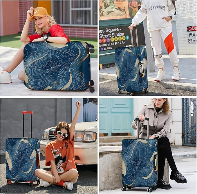 ANNA QUEEN Ocean Wave Luggage Cover, Elegant Blue Flow Line Design Suitcase Protector, Washable Stretchable Travel Sleeve for 28-30 Inch Luggage