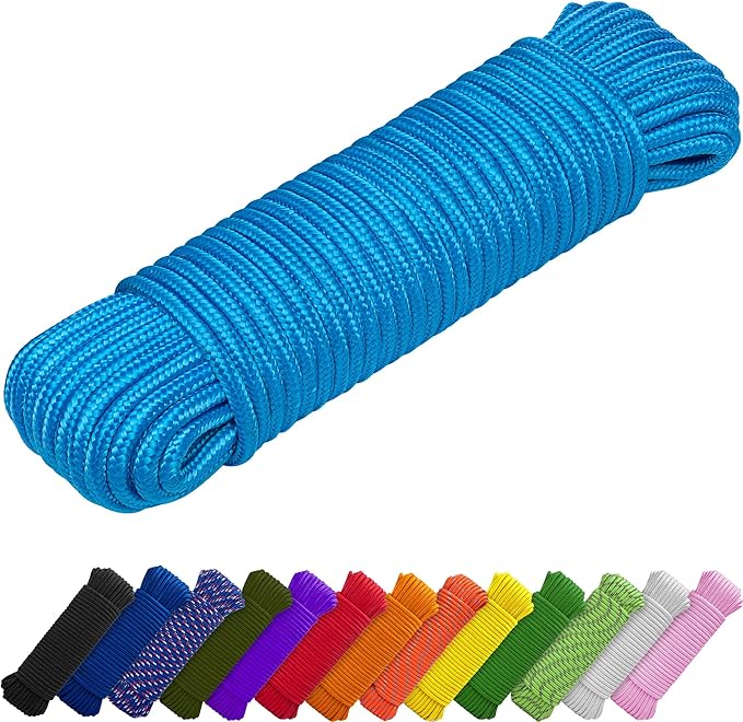 TECEUM Rope – 90 Feet x 1/4 Inch (7mm) – Sky Blue – Strong All-Purpose Utility Rope – Camping, Crafting, Flag Pole, Indoor & Outdoor – Polypropylene Nylon Poly Lightweight Diamond Braided Cord