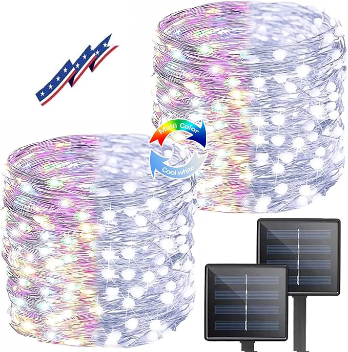 Solar String Lights Outdoor – 2-Pack 80FT 200LED, 8 Modes (Cool White/Multicolor)