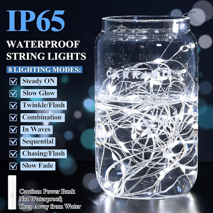 66FT(33 * 2) Rechargeable String Lights Battery Operated, Battery Powered Copper Wire Fairy Lights with Timer, LED Twinkle Lights for Bedroom, Christmas, Wedding, Centerpiece Table Decor Cool White