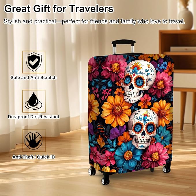 Luggage Cover Protector for 22-24 Inch Suitcases, TSA Approved Elastic Travel Suitcase Covers, Anti-Scratch Washable Luggage Sleeve for Carry On & Checked Bags, Sugar Skulls
