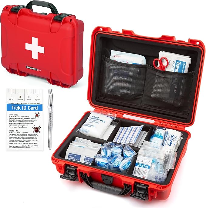 NANUK 910 Waterproof First Aid Kit 146pcs – Durable, Pre-Stocked First Aid Emergency Kit with Bandages, Tick Removal Tool, and More – Dustproof, Impact-Resistant, Floats (14.3" x 11.1" x 4.7") – Red
