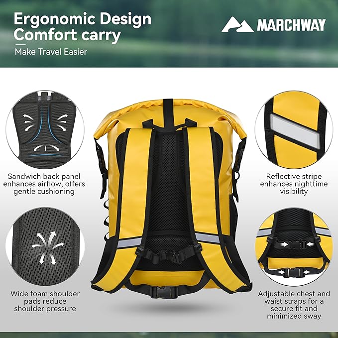 MARCHWAY Roll Top Waterproof Backpack, Floating Dry Bag 20L/30L/45L with Ergonomic Rectangular Base, Cushioned Back, Hip Strap for Hiking Camping Kayaking Travel (Yellow, 45L)