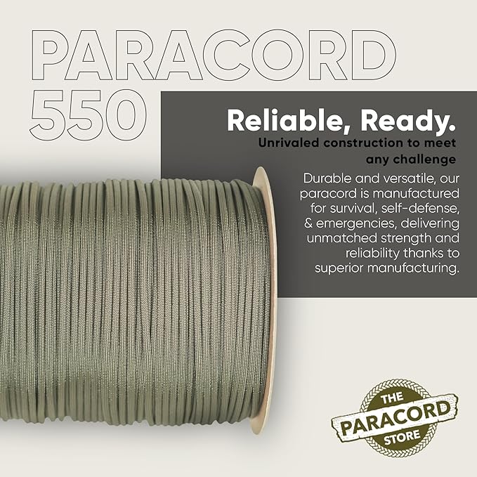 The Paracord Store | Type III 550 Paracord - 1000 FT Spool, Khaki | Heavy Duty 7 Strand Tactical Paracord - USA Made Nylon Outdoor Parachute Cord for Camping, Fishing & More - Survival Cord