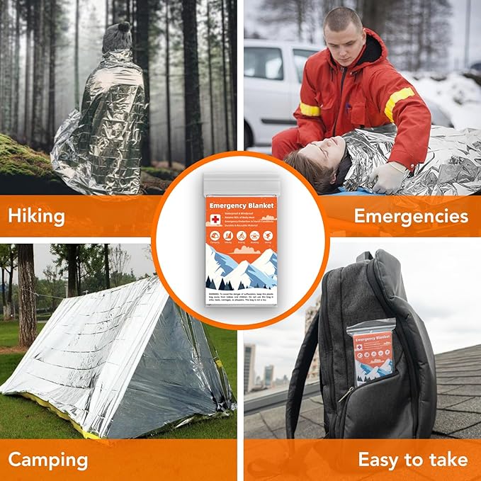 50 Pack Emergency Thermal Blanket Survival, Mylar Blankets for Outdoor, Space Blanket, Silver Foil for Survival, Survival Kit Camping Blankets, Body Warmer, First Aid, Hiking 84” x 52”