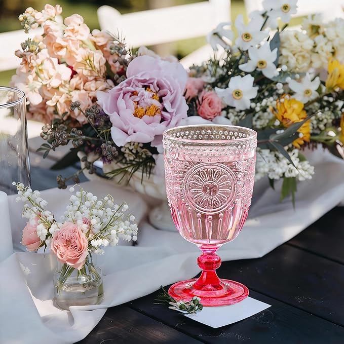 XUWAIDSGN 12Pcs Plastic Vintage Wine Glasses 13.5oz Reusable Embossed Goblet Glasses Pink Gradient Retro Wine Glassware Unbreakable Stemmed Champagne Water Cups for Wine Cocktail Juice Wedding