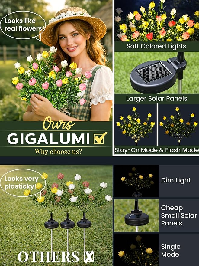 GIGALUMI Solar Garden Lights with Gardenias, 3 Pack LED Garden Decor Carefree Solar Flowers Outdoor Waterproof, Yard Decorations Outdoor, Allergy-Free Light up Flowers for Yard (1white+1yellow+1pink)