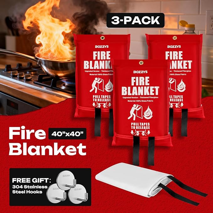 Fire Blanket 3-Pack | Fiberglass Prepared Fire Suppression | 40"x40" Fire Blankets Emergency for Home and Kitchen