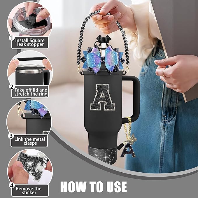 9PCS Black for Stanley Cup Accessories Set Bling Initials Bow Charms for Stanley Decorations 30/40 Oz Tumbler Accessories Including Bow Straw Topper, Handle Strap, Spill Stopper（Letter E）