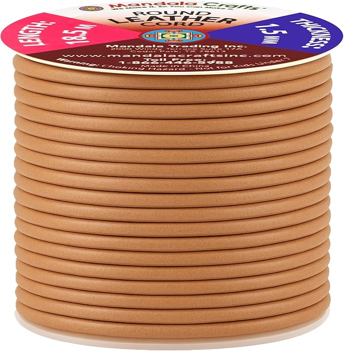 Mandala Crafts Round Genuine Tan Leather Cord for Jewelry Making – 1.5mm Cowhide Leather Rope String Lace for Kumihimo – 20 Yards Cowhide Craft Cording Spool