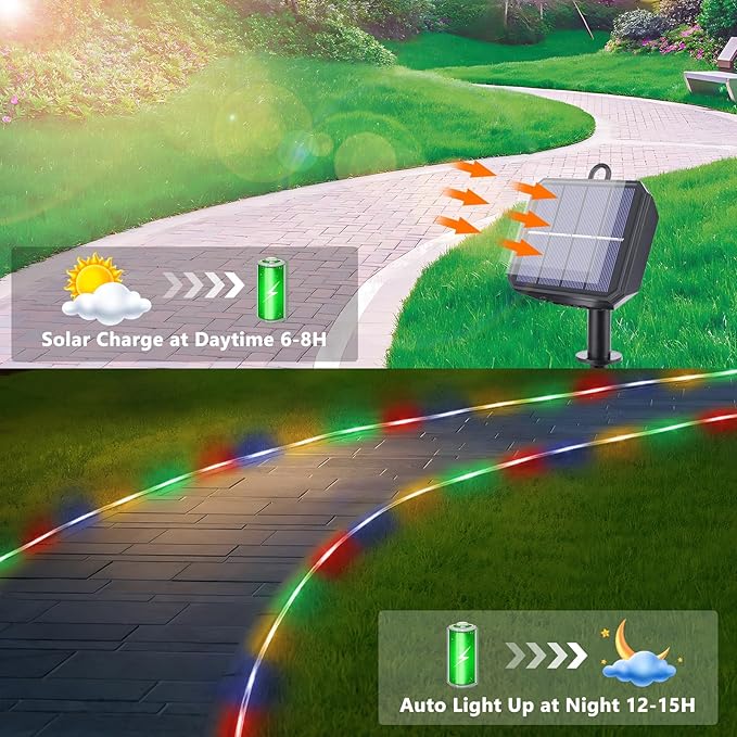Solar Rope Lights, 66ft 200LED Solar String Lights, 8 Modes Waterproof Solar Powered Outdoor Light, Flexible Clear Tube Light for Garden, Backyard, Patio, Deck, Porch, Pool, Tree Decor - Multicolor