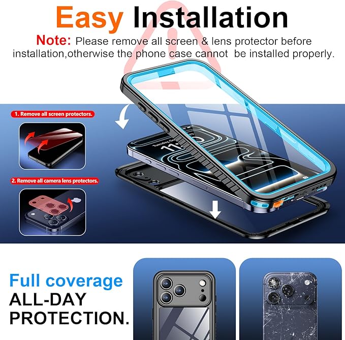 SPIDERCASE for iPhone 17 Pro Case Waterproof, Built-in Lens & Screen Protector, Full Heavy Duty Protection, 12FT Military Shockproof, Dustproof, Anti-Scratched Phone Case,Blue/Clear