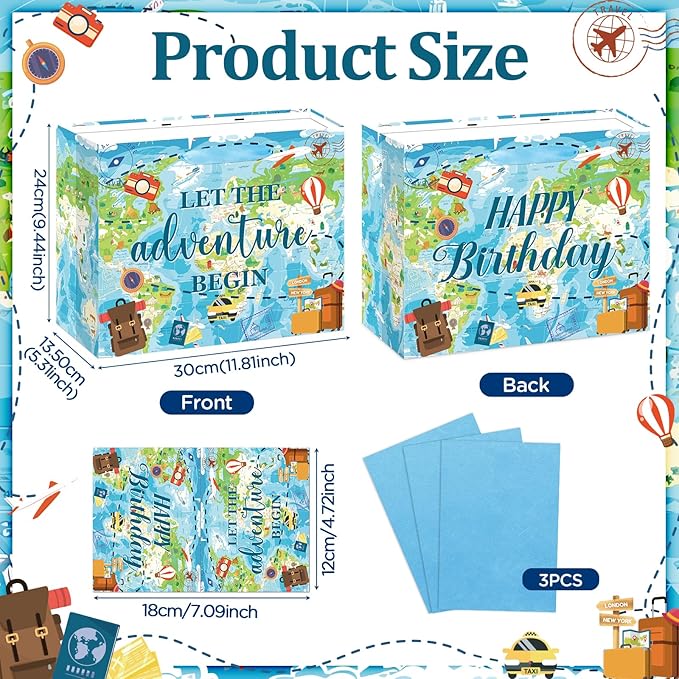 Travel World Map Birthday Gift Bag Double-Sided Let the Adventure Begin Gift Wrapping Paper Bag with Card Tissue Paper for Travel Birthday Baby Shower Graduation Retirement Farewell Family Party