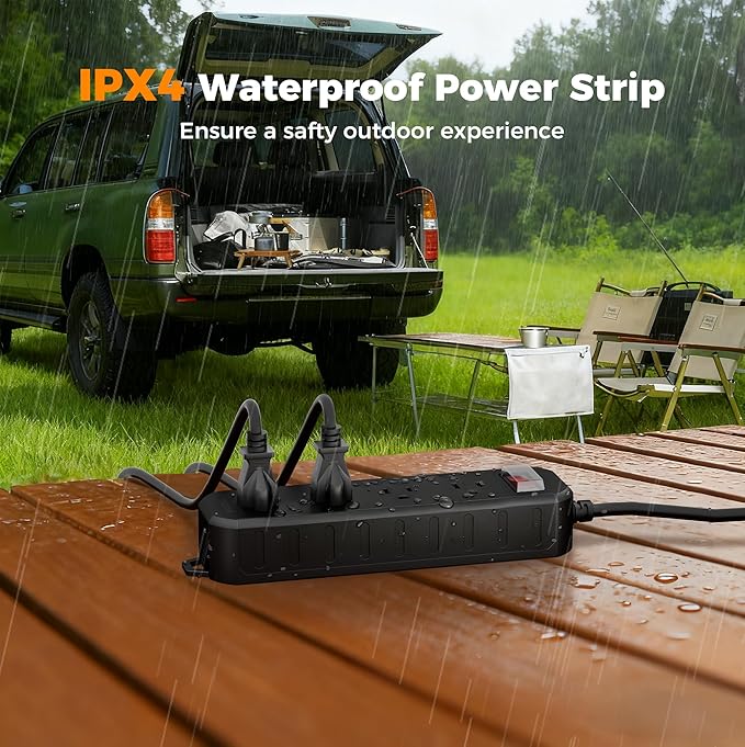 TESSAN Outdoor Power Strip Weatherproof, 50FT Extension Cord Waterproof with 4 Outlets 1 Switch (1250W), Surge Protector 1700J, Wall Mountable for Home Office and Patio Christmas Lights, Black