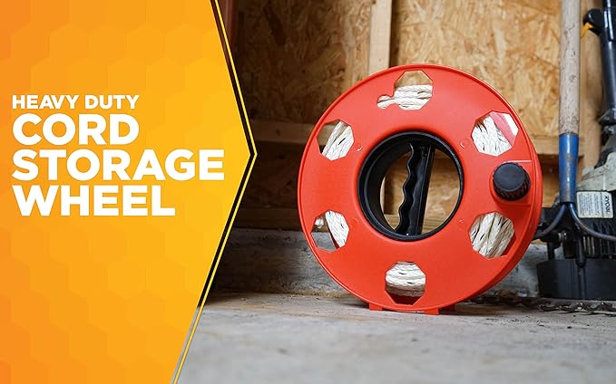 Woods Heavy Duty Cord Storage Wheel - Holds Up to 150 Feet-of 16/3 or 125 Feet-of 14/3 Gauge Cord - Tangle-Free Design for Extension Cords,Rope,or Hose - - Black,(Pack of 8)