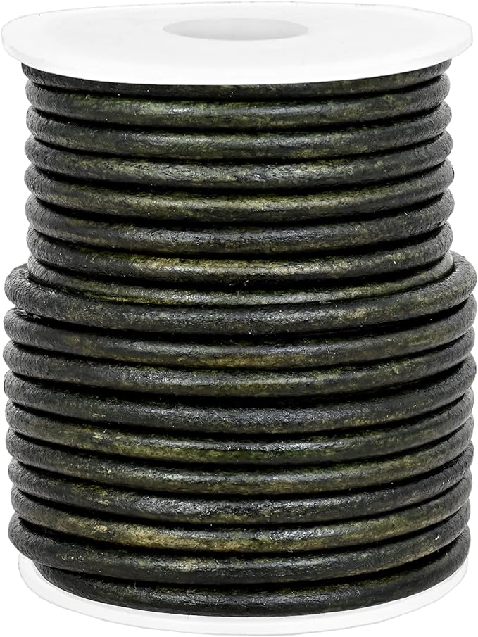 GENIQUE Real/Genuine Round Leather String Cord for Necklace, Bracelets, Jewellery, Braiding (Green Distressed, 4mm)