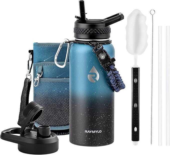 RAYMYLO Insulated Water Bottle 32 oz, Triple Wall Vacuum Stainless Steel (Cold for 24Hrs, Hot for 12Hrs), Leak Proof & Non-BPA, Modern Water Flask Jug with Paracord Handle & Straw Spout Lids