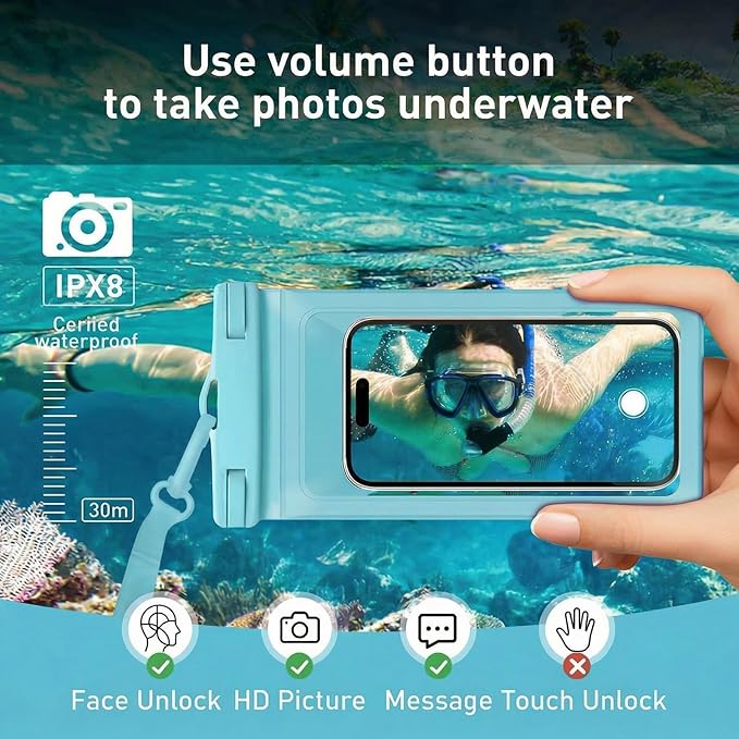 Waterproof Phone Pouch, with Interior Card Pocket, Large Waterproof Phone Case for iPhone 17 16 15 14 Pro Max, IPX8 Lightweight Cellphone Dry Bag, Beach Cruise Ship Essentials,2 Pack-Blue-8.3″
