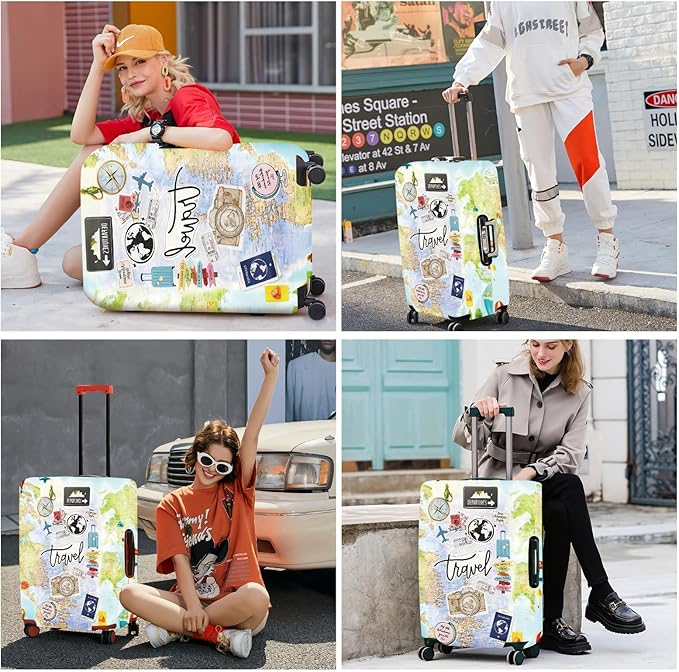ANNA QUEEN Travel Collage Luggage Cover, World Map & Sticker Style Suitcase Protector for 32-34 Inch Travel Bags