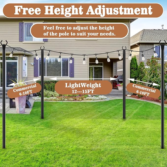 NUERPO 7 Pack String Light Poles,Metal Poles for Hanging Outdoor Light Strings,7 Pack 10 FT Light Poles Stand for Outside Garden,Patio,Wedding,Backyard,Deck,Party