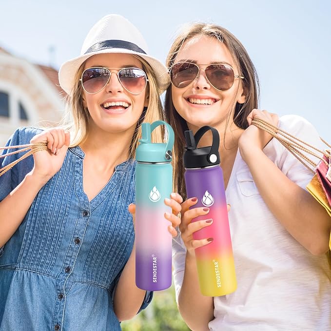 SENDESTAR Water Bottle Insulated Water Bottle 24 oz with Straw Lid Spout Lid Auto Flip Straw Top Cap for men and women