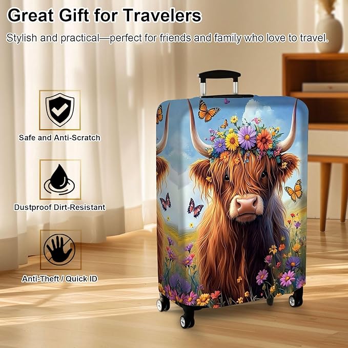 Luggage Cover Protector for 19-20 Inch Suitcases, TSA Approved Elastic Travel Suitcase Covers, Anti-Scratch Washable Luggage Sleeve for Carry On & Checked Bags, Cute Highland Cow