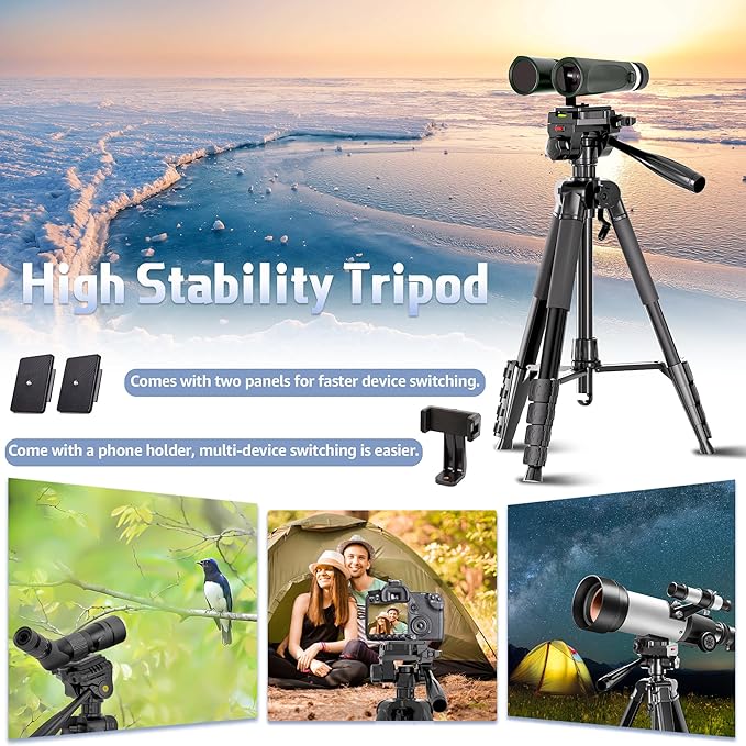 Binocular Tripod, 72” Spotting Scope Tripod Stand with Binocular Adapter and 2 QR Plates, Travel Camera Stand with Phone Holder/Carry Bag, Compatible with Binoculars/Spotting Scope/Camera/Phone