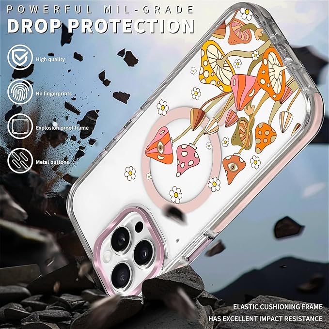 Case for iPhone 14 Pro Max,[Compatible with MagSafe],Retro Mushroom Sunflower Phone Case Design，for Women Girls Magnetic Clear Cover - Slim, Sleek, & Shockproof Protection