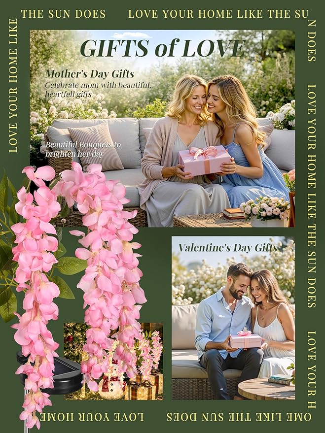 GIGALUMI Solar Lights Outdoor for Garden Decor, 3 Pack Solar Flower Lights Waterproof, 2 Lighting Modes Wisteria for Pathway,Yard, Patio Decoration, Gardening Gifts for Women (Pink)
