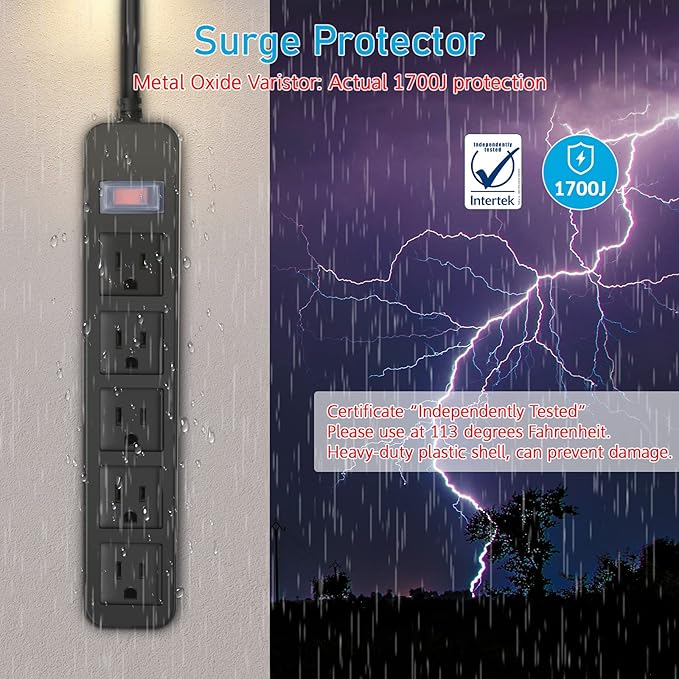 Outdoor Power Strip Waterproof with 5 Outlets, Garden Weatherproof Surge Protector, Christmas Multiple Outlet Exterior Socket for Lighting Appliances. 5FT Extension Cord Strip with Flat Plug. Black