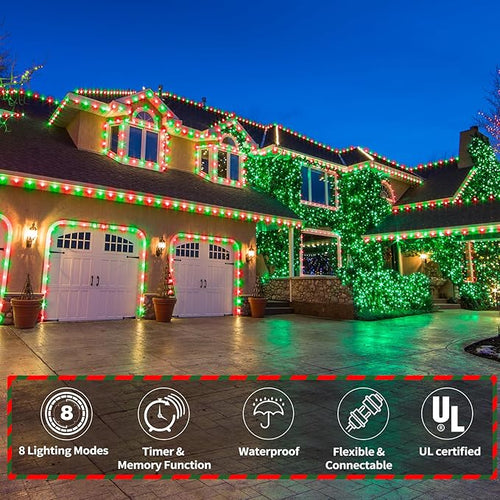 100ft LED Rope Lights Outdoor, 720 LED Connectable and Flexible Tube Lights with 8 Modes, Waterproof LED Rope Lighting for Garden Patio Pool Bedroom PartyIndoor Outdoor Christmas Decor (Red & Green)