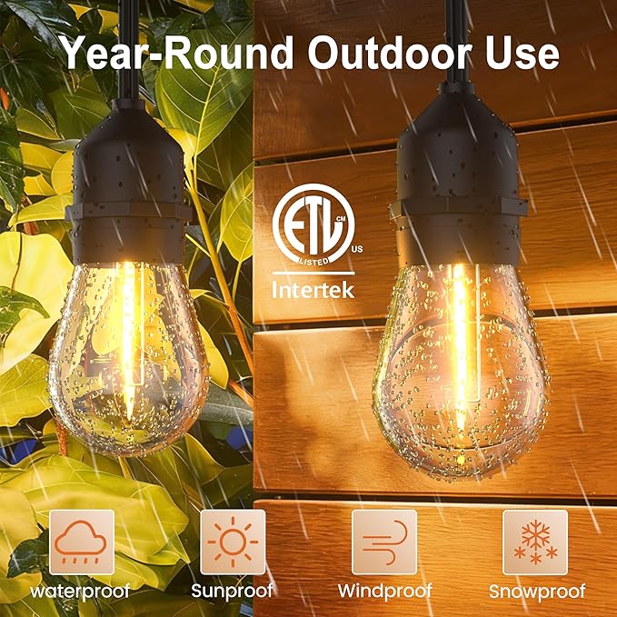 SUFEIMAS LED-Outdoor-String-Lights-Patio-Light-Outside 50FT Waterproof String Light with Remote Dimmer Outdoor Lighting with 34 Plastic Bulbs Hanging Lights for Porch Garden Backyard,1.5 FT Spacing