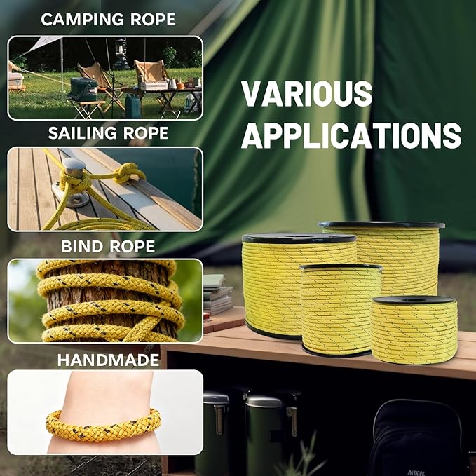 SDHUATUO Paracord Rope 200FT, 550lb Type III Nylon Parachute Cord 7-Strand Core with Reflective Strips, Utility String for Survival, Camping Gear, Hiking, DIY, Crafting, Outdoor, Yellow