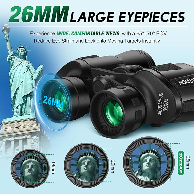 RONHAN Binoculars for Adults High Powered, Military HD Professional/Daily Waterproof 20x50 Binoculars for Bird Watching Travel Hunting Football Games Stargazing with Carrying Case & Strap