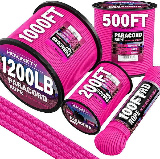 1200 Paracord Rope - 4.4mm 14 Strand Nylon Parachute Spool para Cord Lanyard for Outdoor Camping Survival Utility Tent Crafting DIY Projects Fishing Clothsline Bracelet - Neonpink 200FT