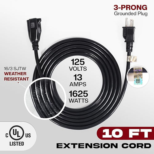 10ft Black Extension Cord, 16/3 SJTW Heavy-Duty, 10' Cable 3-Prong Grounded Plug, Weather-Resistant Power Strip, UL Listed, 13 Amp/1625 Watt Capacity, 10-Foot Extension Cords for Indoor/Outdoor