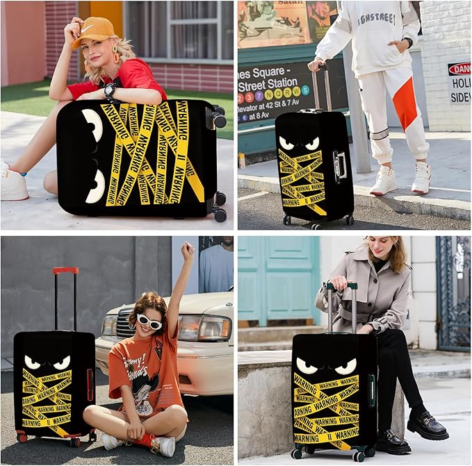 ANNA QUEEN Warning Tape Luggage Cover, Funny Eyes and Yellow Tape Design Suitcase Protector, Stretchable Washable Travel Sleeve for 28-30 Inch Luggage
