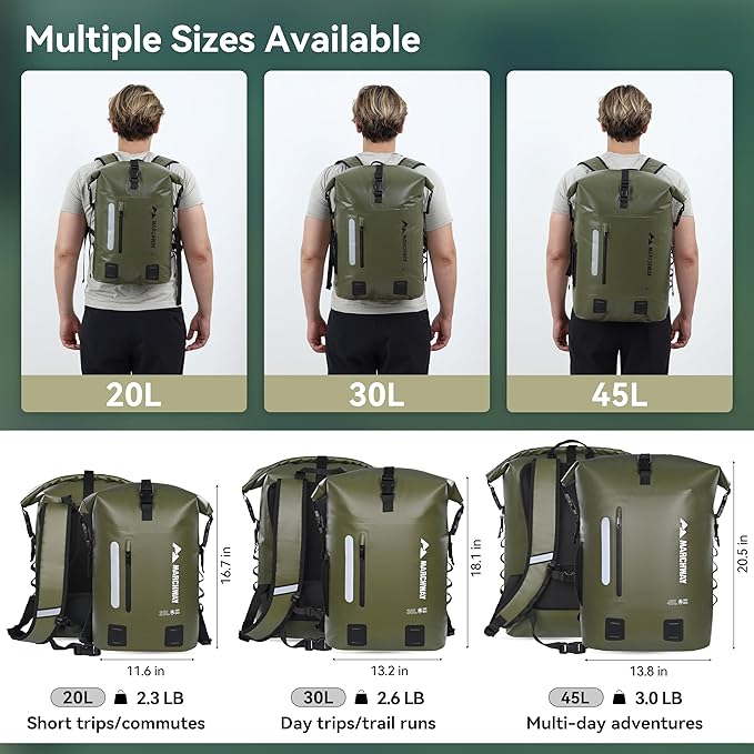 MARCHWAY Roll Top Waterproof Backpack, Floating Dry Bag 20L/30L/45L with Ergonomic Rectangular Base, Cushioned Back, Hip Strap for Hiking Camping Kayaking Travel (Army Green, 30L)