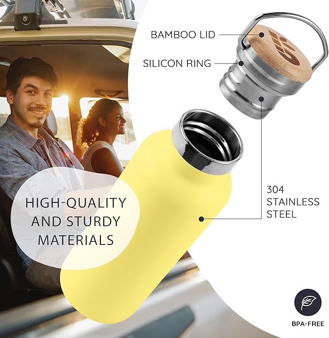 Bambaw 32 oz Stainless Steel Water Bottle, Insulated Metal Water Bottle Made of High-Grade Stainless Steel, Great for Travel, Gym & School, Durable & Reusable (Yellow Beam)