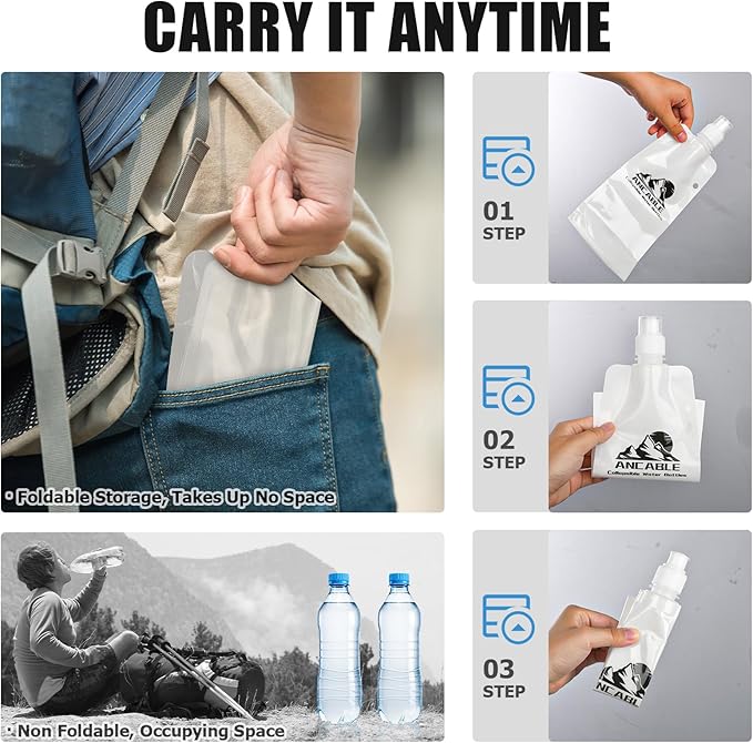 Ancable 17oz Collapsible Water Bottles, 6-Pack Reusable Travel Foldable Water Bottles for Hiking Camping Running Bike, BPA-Free Water Bottle, White