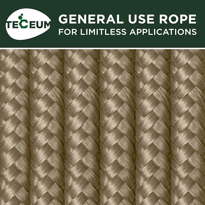 TECEUM Rope – 90 Feet x 3/8 Inch (10mm) – Coyote Brown – Strong All-Purpose Utility Rope – Camping, Crafting, Flag Pole, Indoor & Outdoor – Polypropylene Nylon Poly Lightweight Diamond Braided Cord