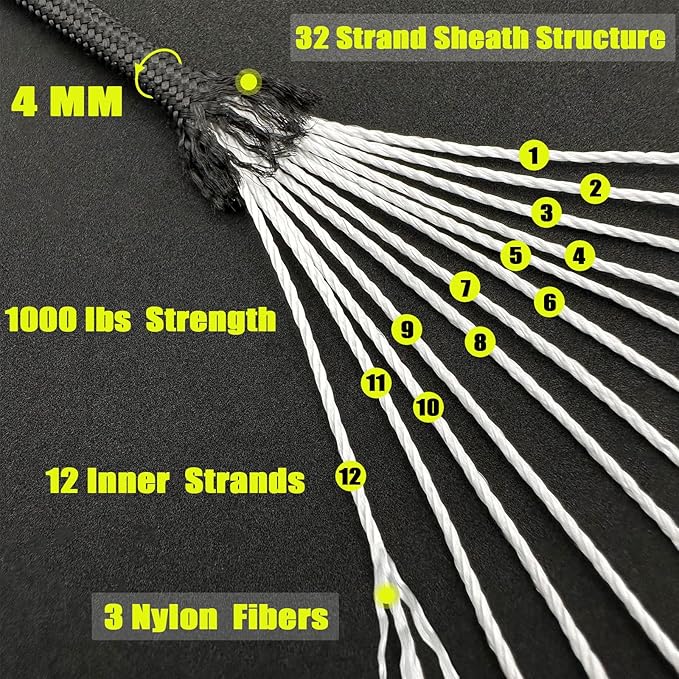 VVAAGG 1000 Paracord Rope 200FT Utility Parachute Cord 4mm 12 Strand Nylon Rope for Camping, Tent, Clothsline, Outdoor Hiking, Fishing (Black, 200FT)