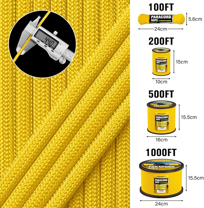 1200 Paracord Rope - 4.4mm 14 Strand Nylon Parachute Spool para Cord Lanyard for Outdoor Camping Survival Utility Tent Crafting DIY Projects Fishing Clothsline Bracelet - Yellow 1000FT